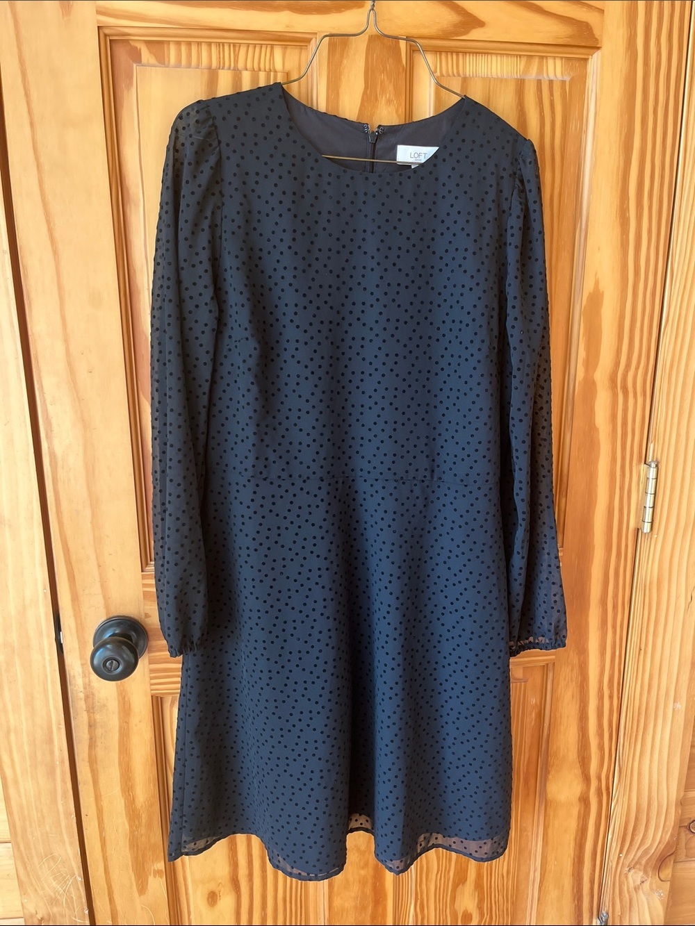 LOFT Black Long-Sleeve Swiss Dot Shift Dress